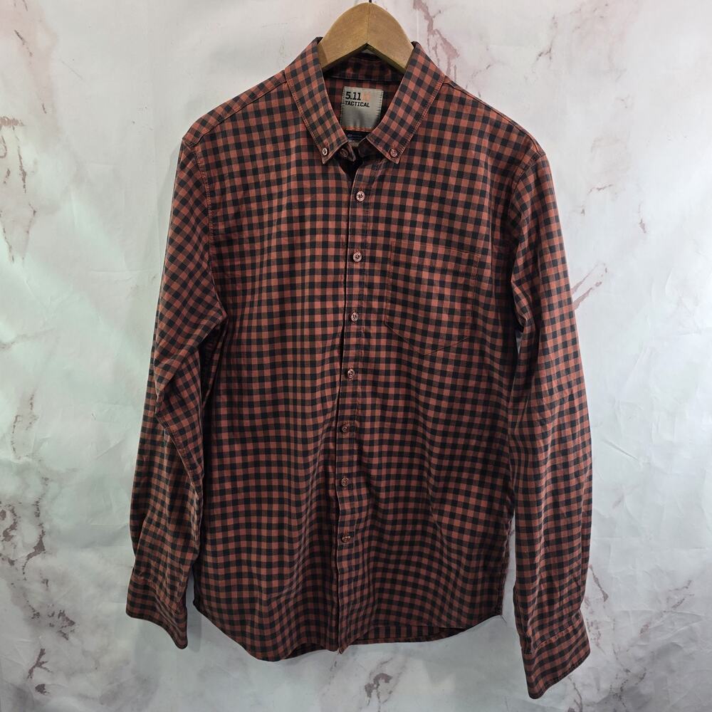 511 Tactical Shirt Mens Medium Orange Black Long Button Plaid Alpha Flex 5.11